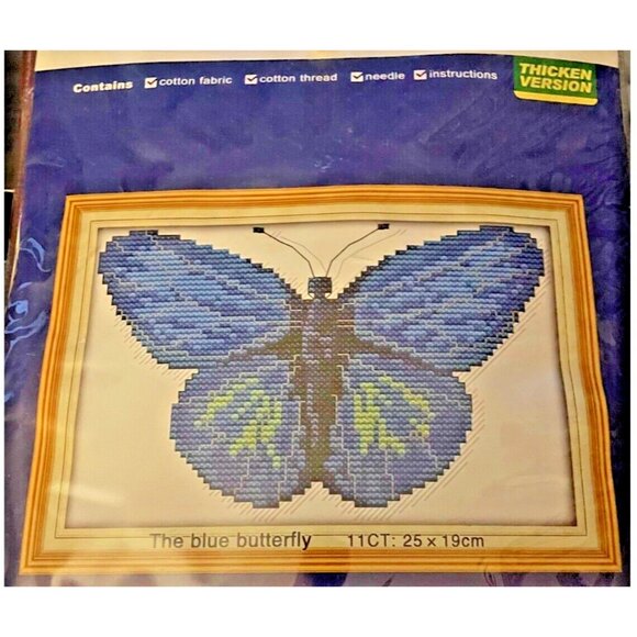 Cross Stitch Kit The Blue Butterfly Pattern 25x19cm Pre-Print 11CT Cotton Fabric - Picture 2 of 12
